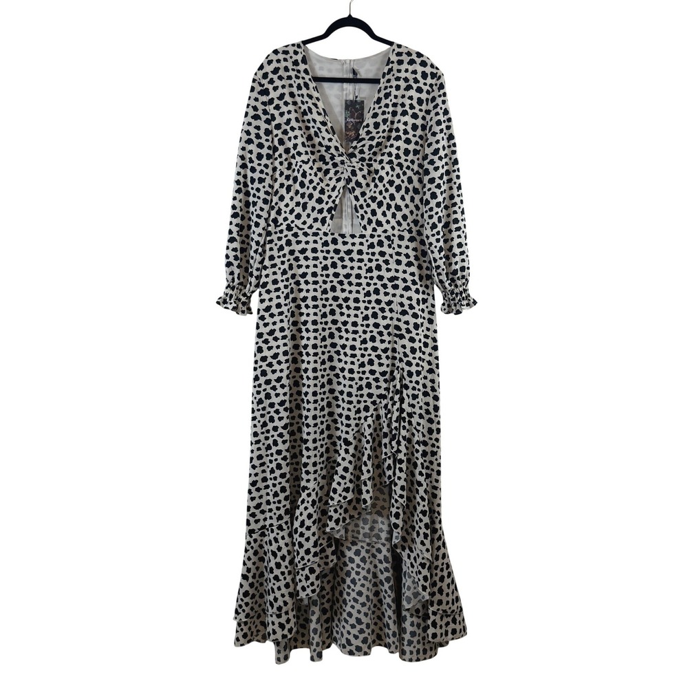 Giffniseti Maxi Dress Sz 1XL Dalmatian Print High-Low Cutout Ruffle Boho